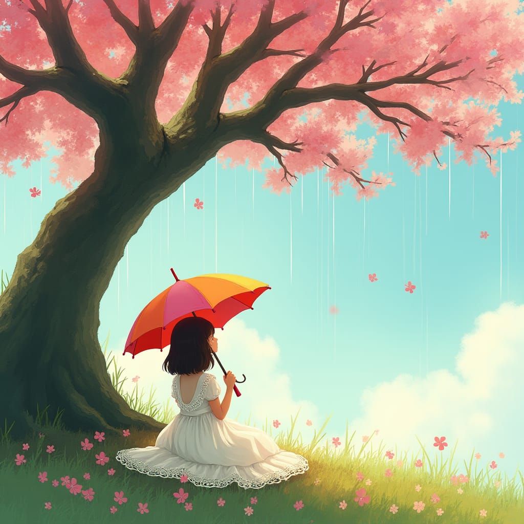 Girl with Parasol in Flower Blossom Rain