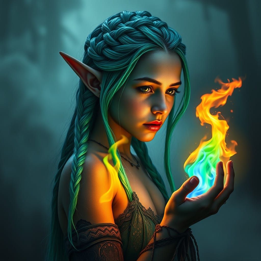 Luminous Elfin Maiden with Green and Blue Flames