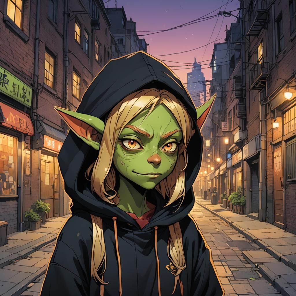 Anime Goblin Girl in City Alleyway at Dusk