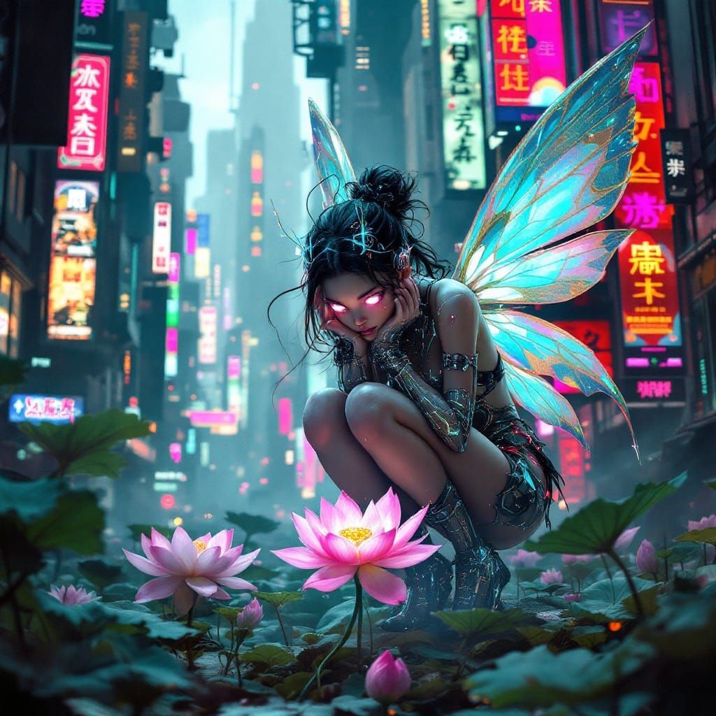 Cyberpunk Fairy Tending Lotus in Metropolis