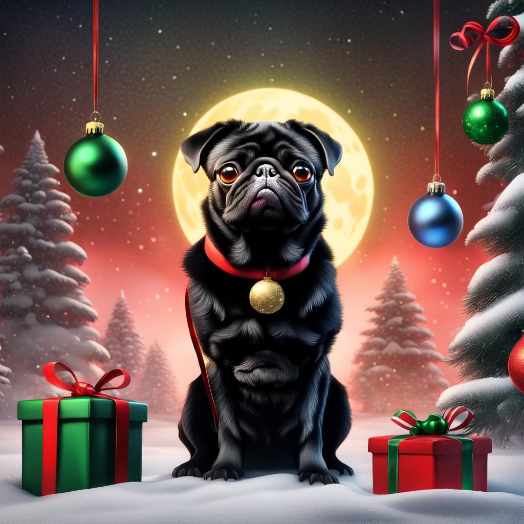 Festive Black Pug Christmas Fantasy Art