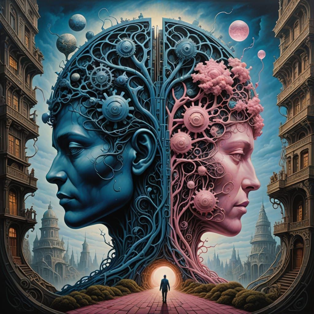 Surreal Brain Duality Illustration in Art Nouveau Style