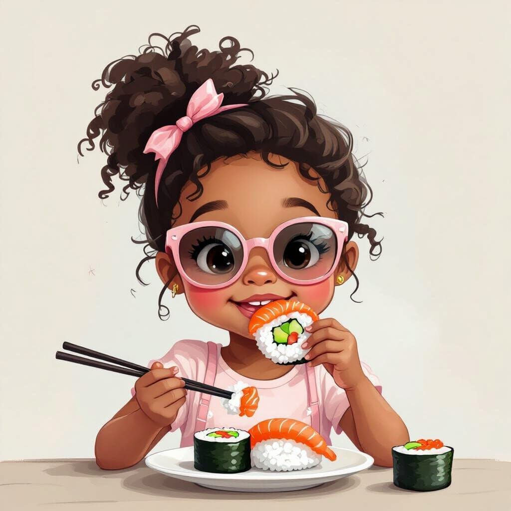 Cute Girl with Sushi in Pastel Illustration
