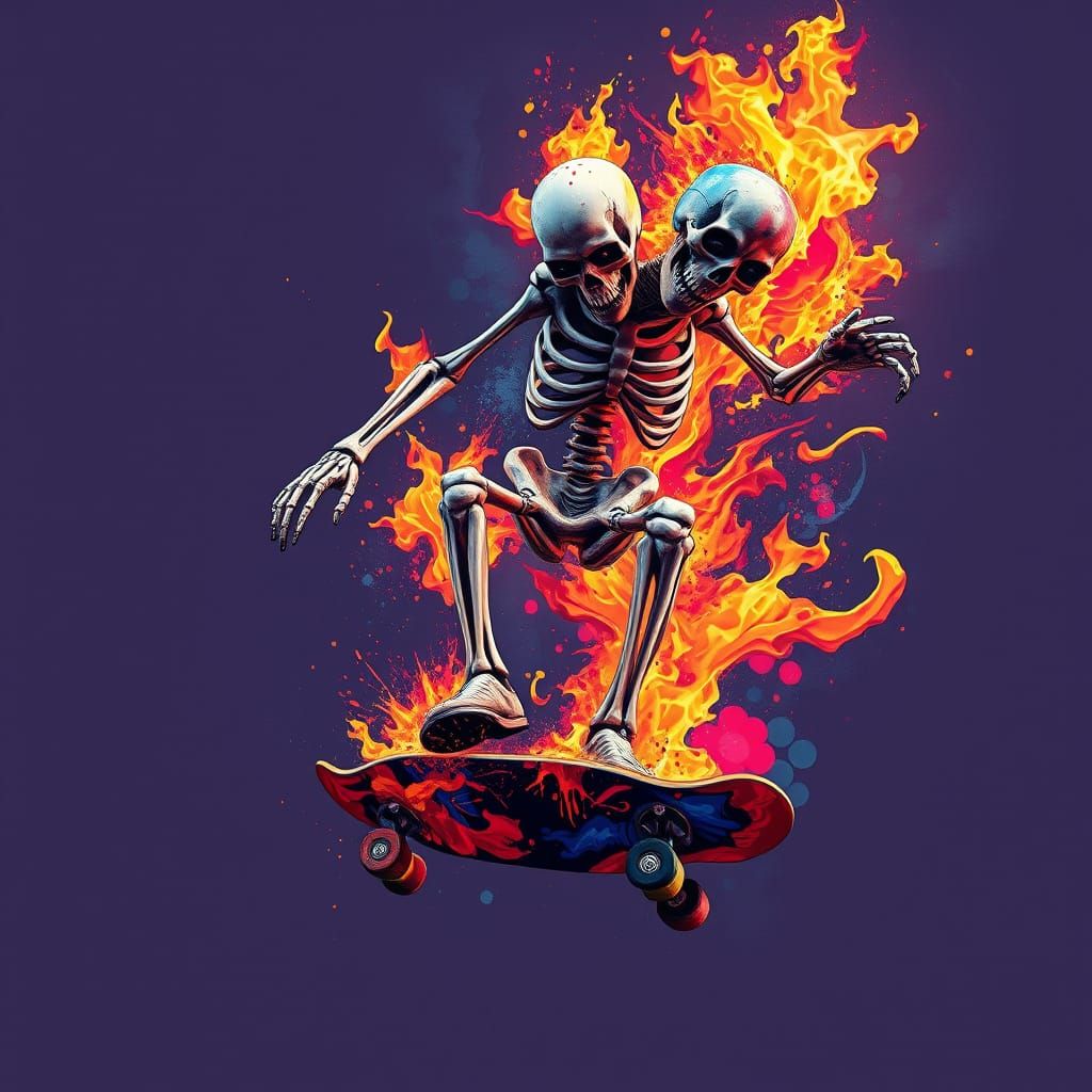 Skeleton Skateboarder on Fire in Graffiti Style