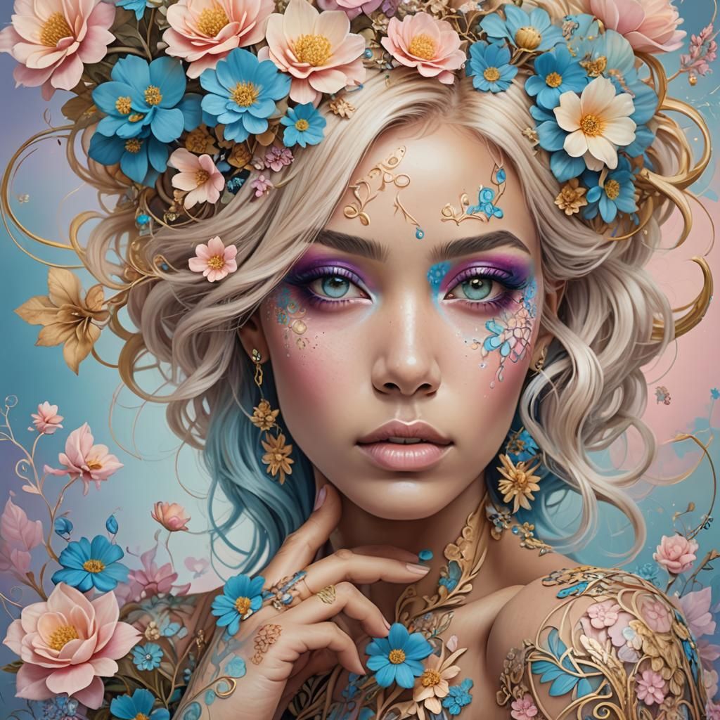 Pastel Woman with Flowers in Surreal Fractal Art