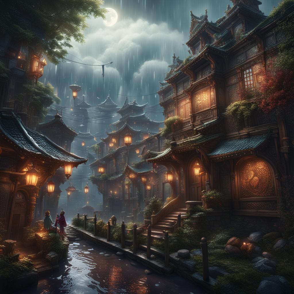 Joyful Rainy Day for a Little Girl: Fantasy Art