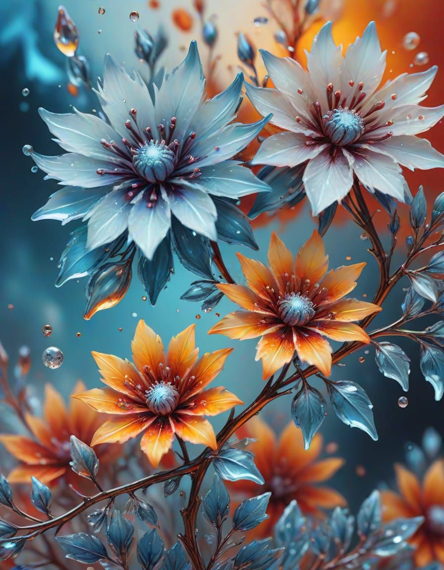 Fiery Flowers Meet Ice Crystals in Dual Split Digital Art