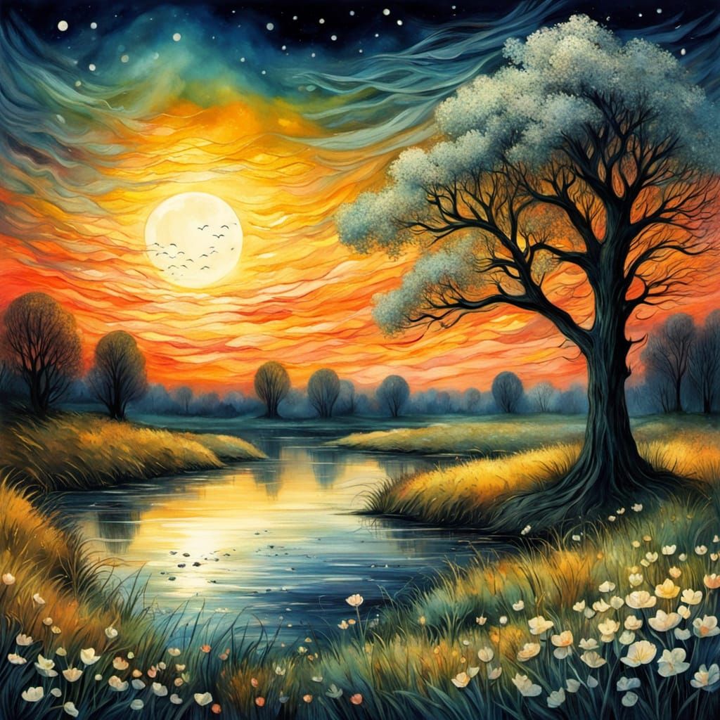 Wild Meadow at Night in Watercolor and Ink