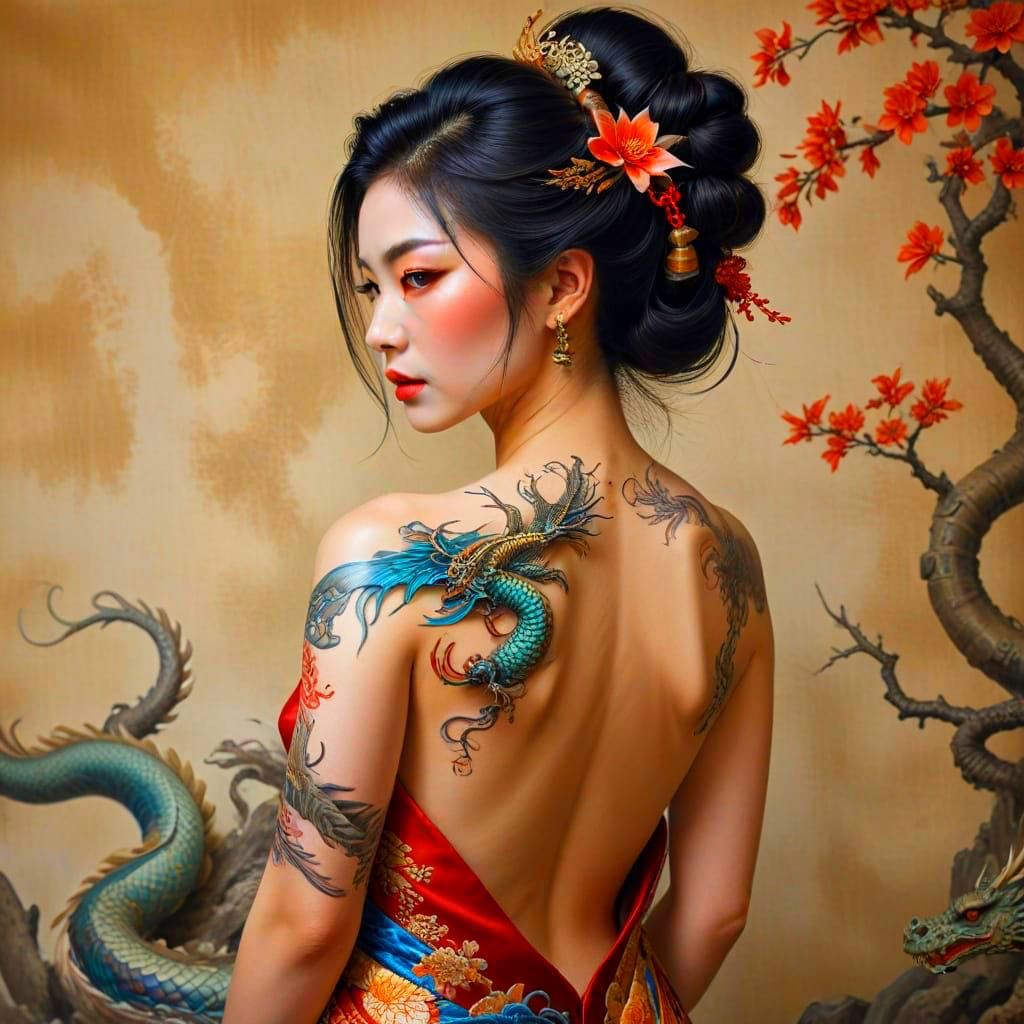 Elegant Geisha with Hyperrealistic Dragon Backpiece