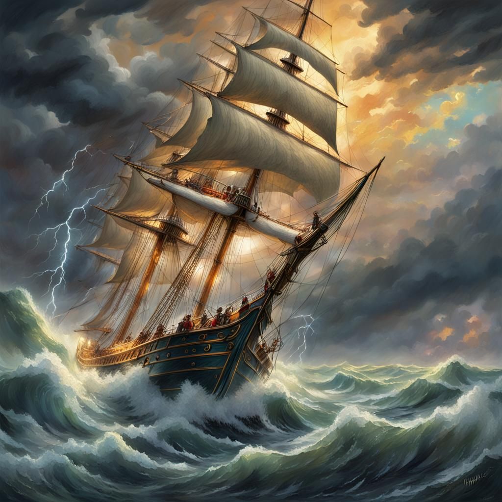 Ship in Stormy Sea: Hyperdetailed Ethereal Artwork
