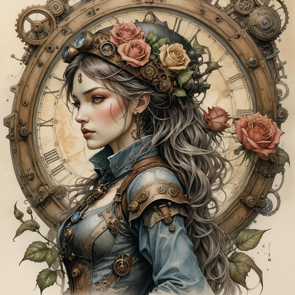 Steampunk Rose Drawing in Pencil and Watercolor
