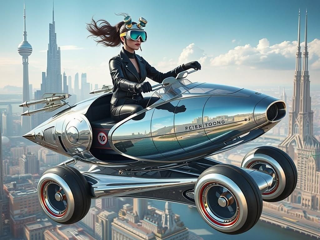 Steampunk Woman Rides Retro Flying Car