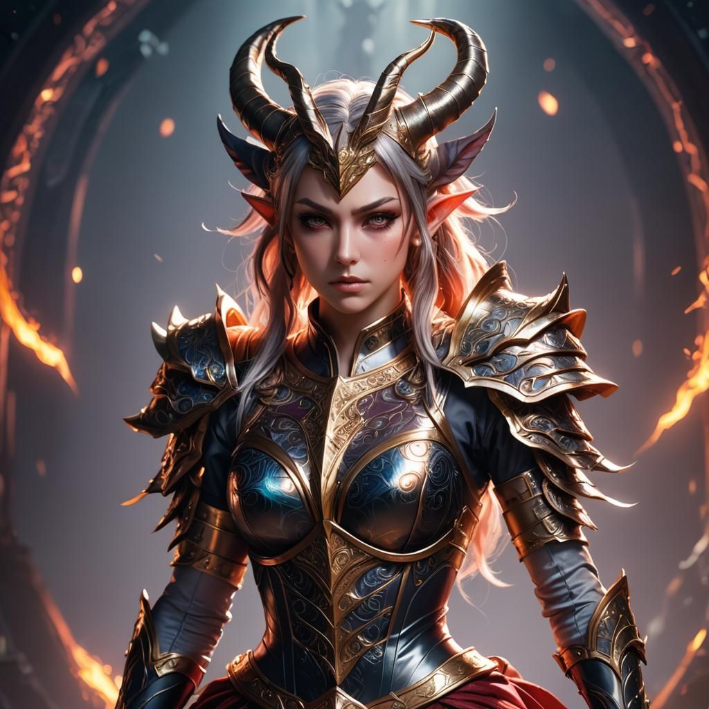 beautiful woman elf horned muscular kneeling in anger wearin...