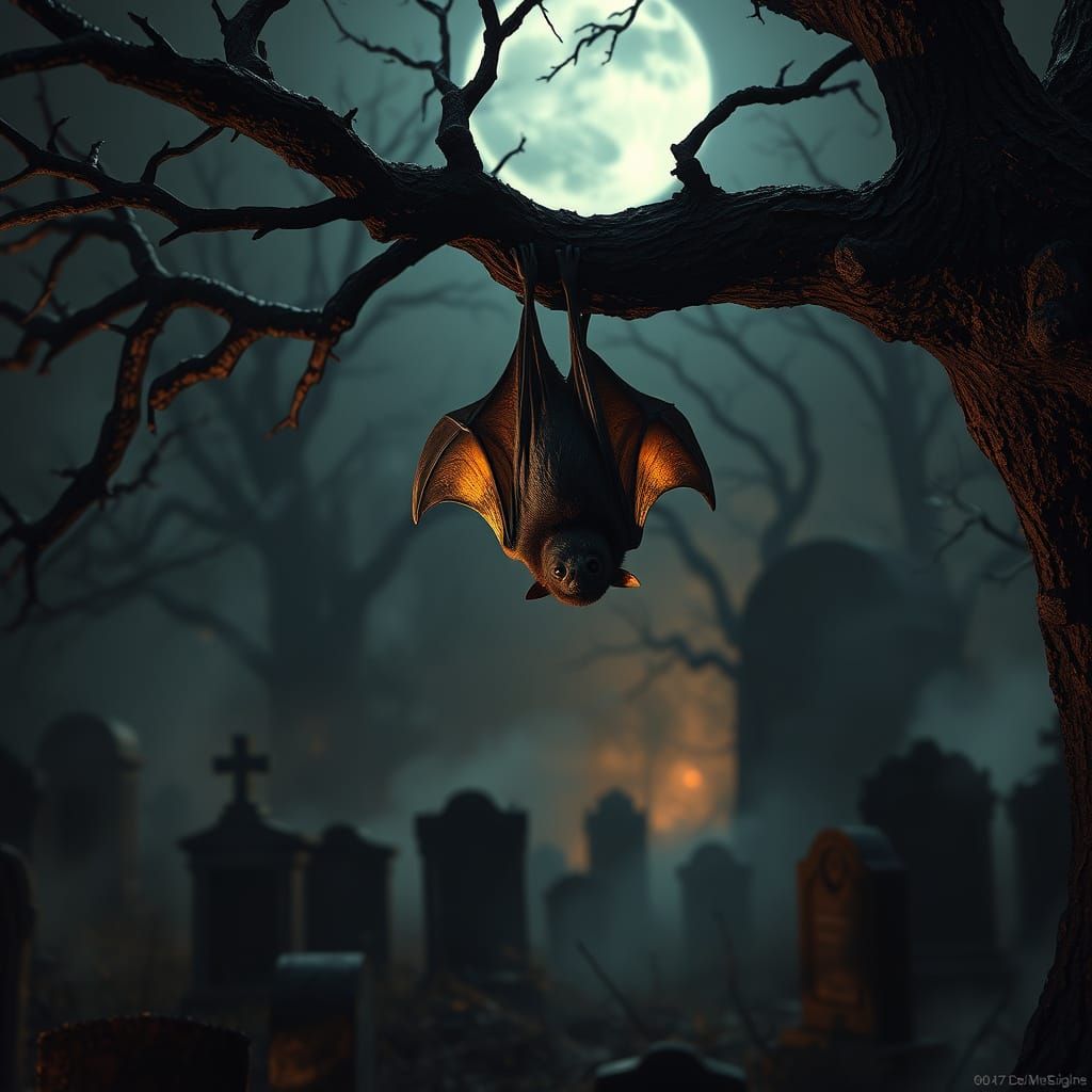 Gothic Vampire Bat in Moonlit Graveyard