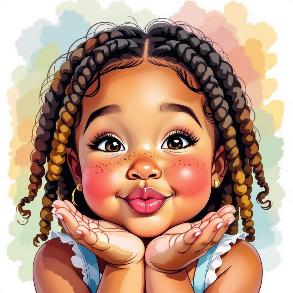 Joyful Girl Blowing Kiss: Watercolor Portrait