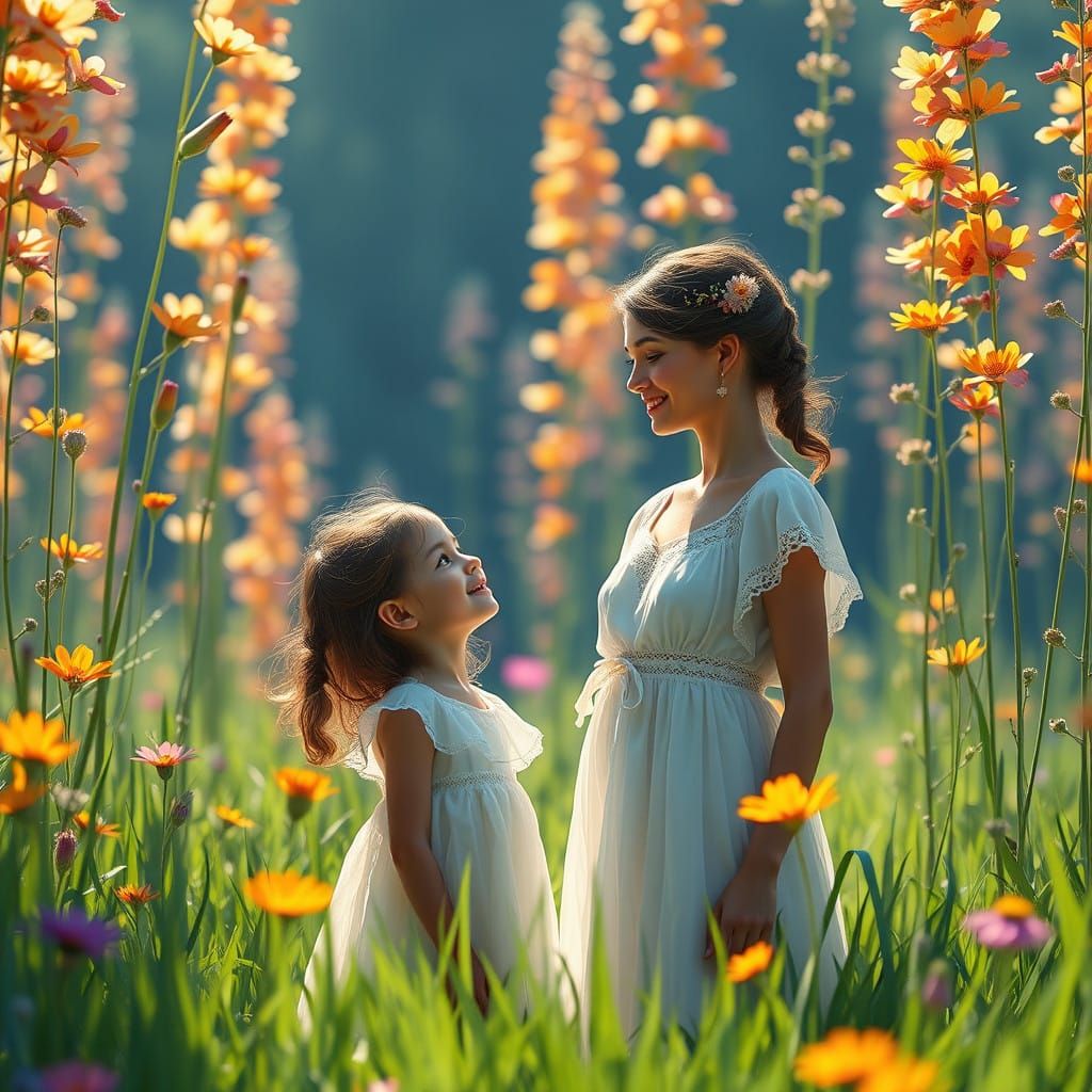 Young Girl Surrounded by Vibrant Wildflowers in a Lush Meado...