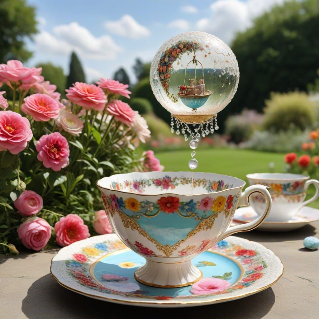 A Vibrant Hot Air Balloon Soars Above an Elegant Tea Setting