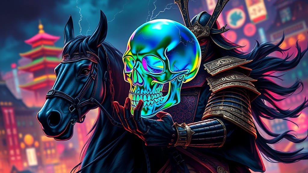 Surreal Glass Skull Samurai on Horse in Neon-Lit Storm