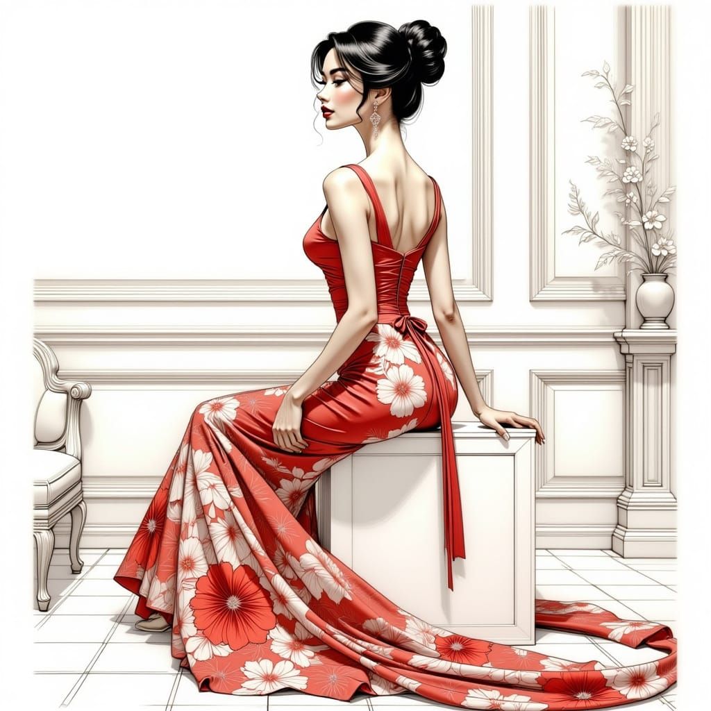 A anime of a beautiful woman with curves in a japandress with red flowers in anime style. She is sitting on a cube. Side...
