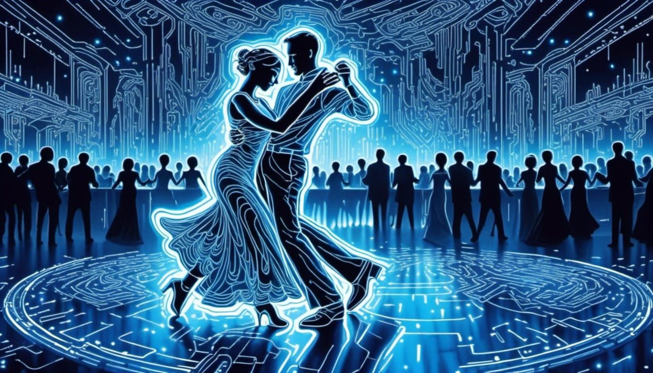 Ballroom Dancers in Neon Blue Digital Style