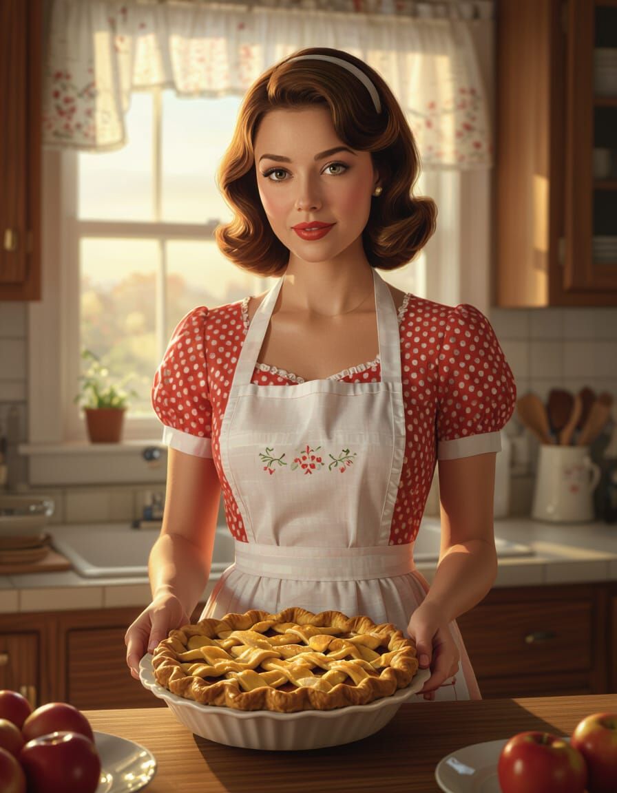 1971 Housewife Presents Apple Pie in Homely Kitchen