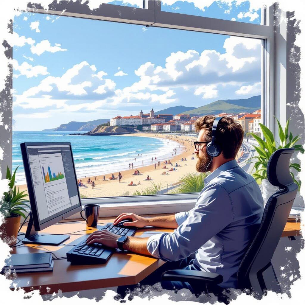 AI Worker Overlooking Santander Bay: Digital Illustration