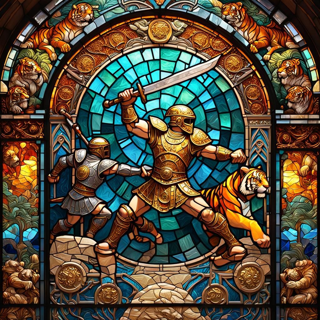 Ethereal Art Nouveau Scene: Tigers Triumph in Coliseum Comba...