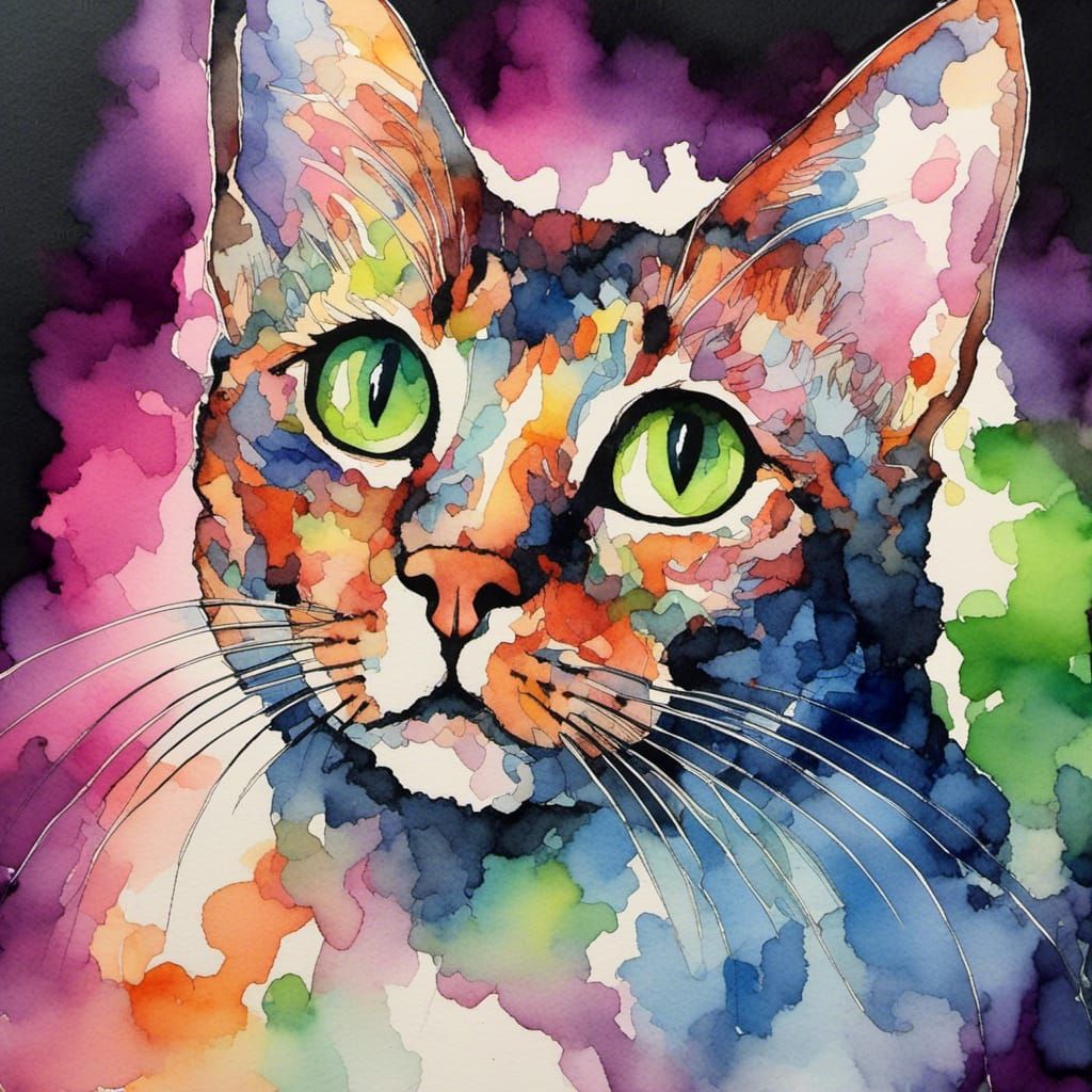 Cornish Rex Cat in Watercolor with Glowing Ink