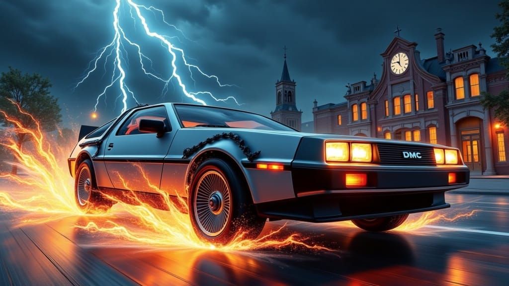 DeLorean Time Travel Through a 1950s Lightning Storm