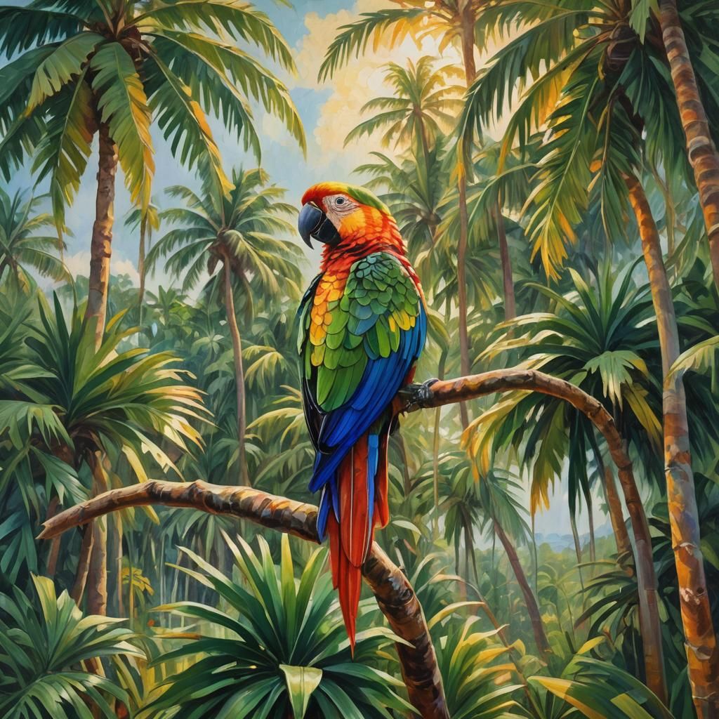 Exotic Parrot in Tropical Oil Painting Style