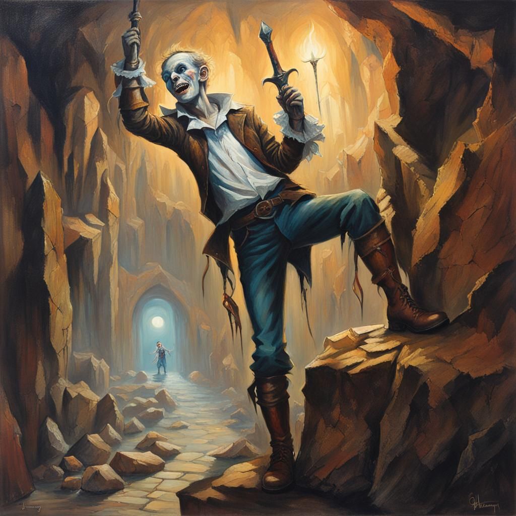 Mysterious Jester Unveils Hidden Blades in Dimly Lit Cavern....