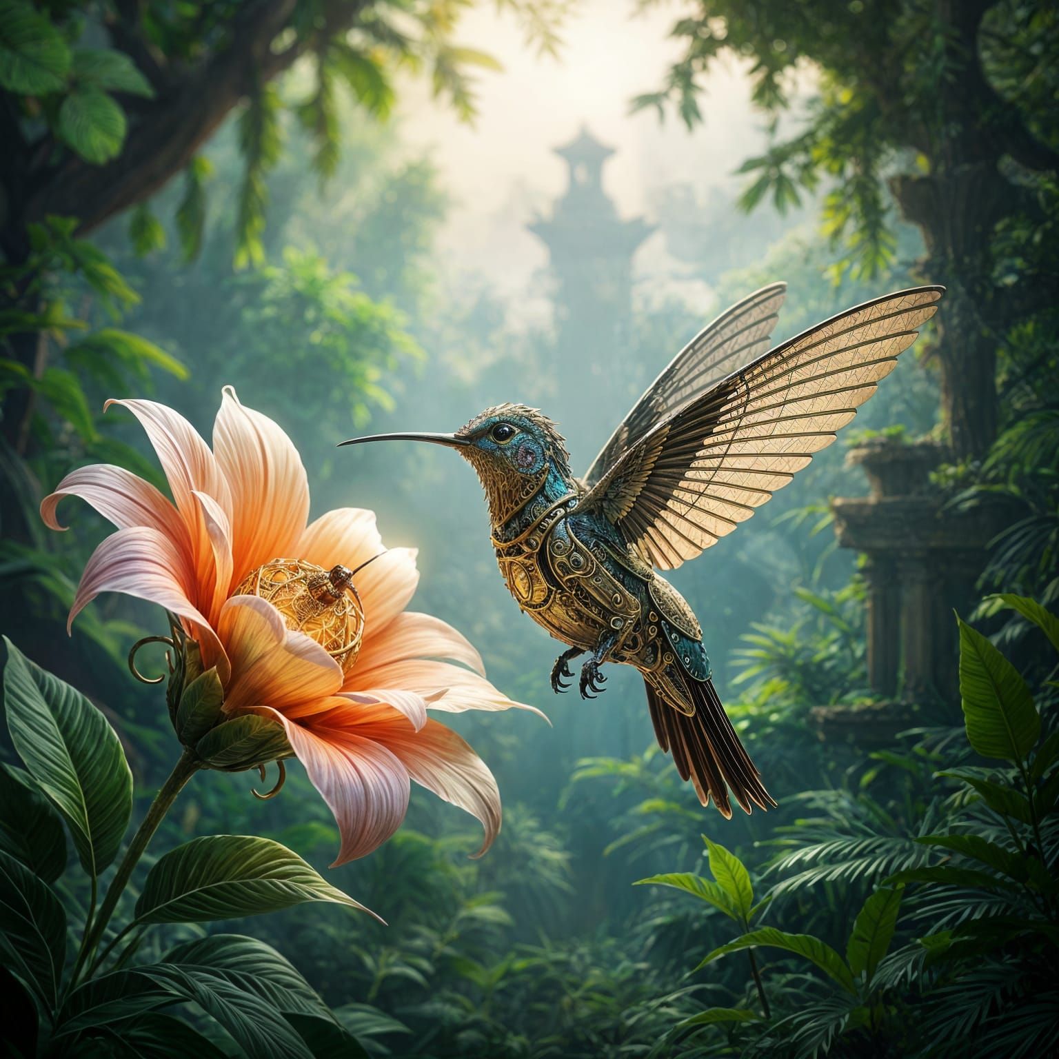 Steampunk Clockwork Hummingbird Near Glowing Flower