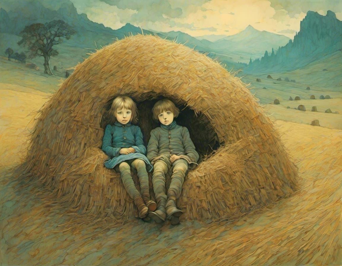 Siblings resting in a haystack