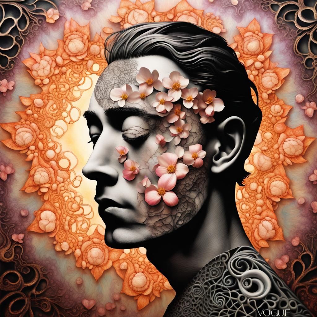 Surreal Face Blended with Blossoms and Fractals