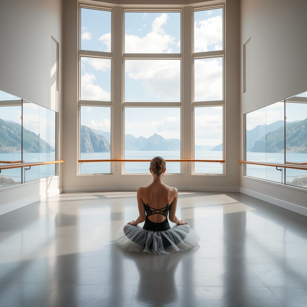 Ballerina in a Grand Dance Studio with Ocean and Mountain Vi...