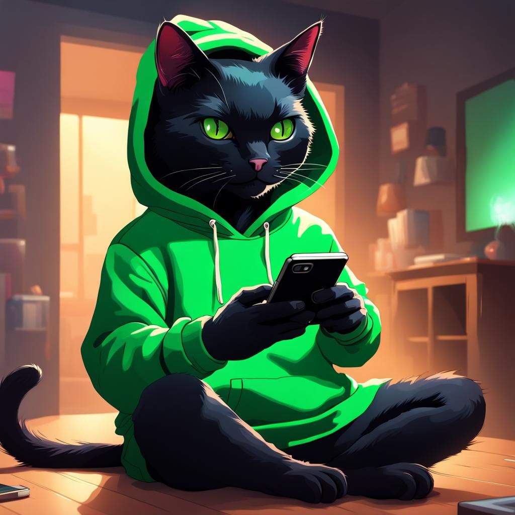 Cat in Hoodie Playing Cellphone: Acrylic Art
