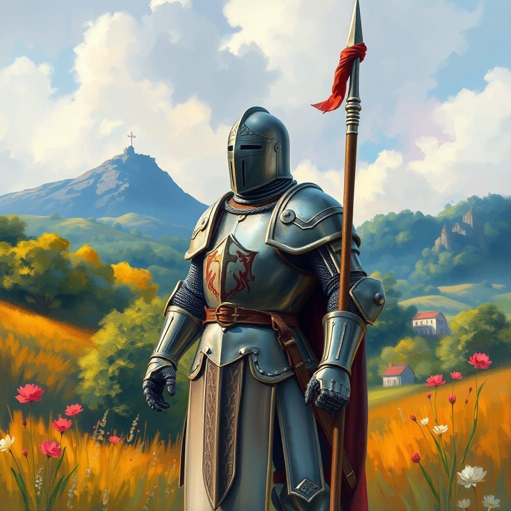 Knight on Guard in Gouache Impressionist Style