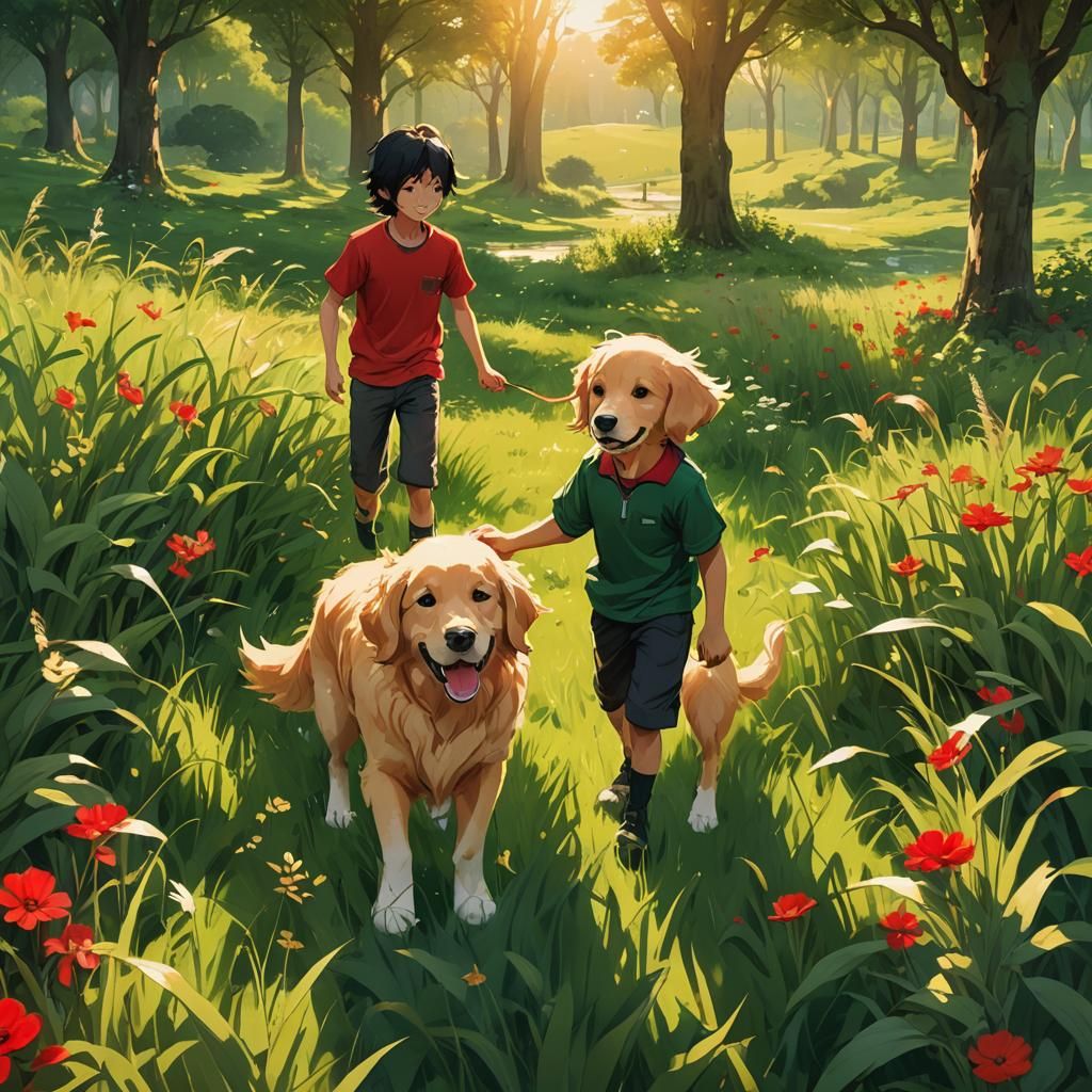 Boy with Golden Retriever in Vibrant 3D Anime Art