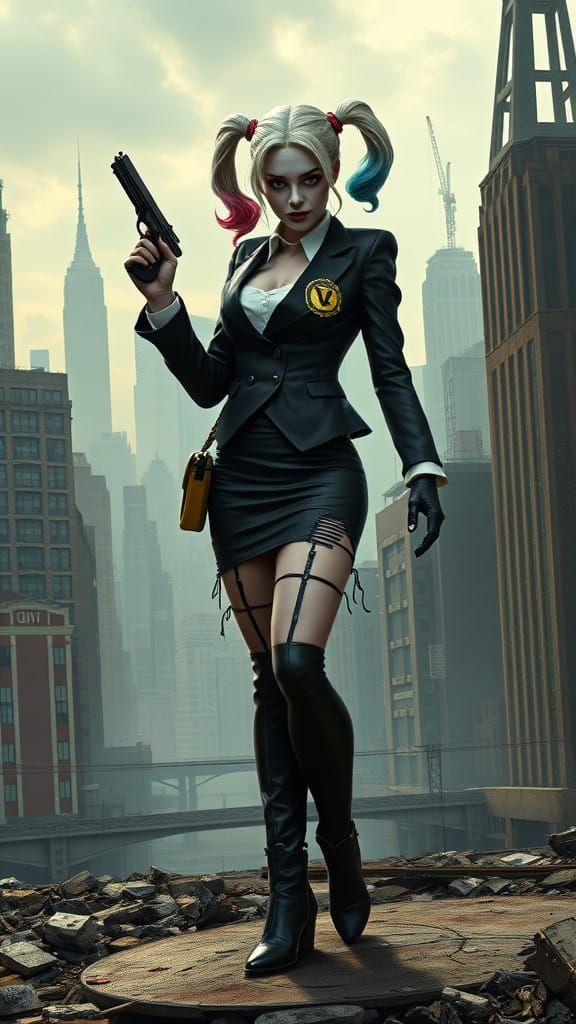 Harley Quinn in Fallout Post-Apocalyptic Heist Mode, Gritty...