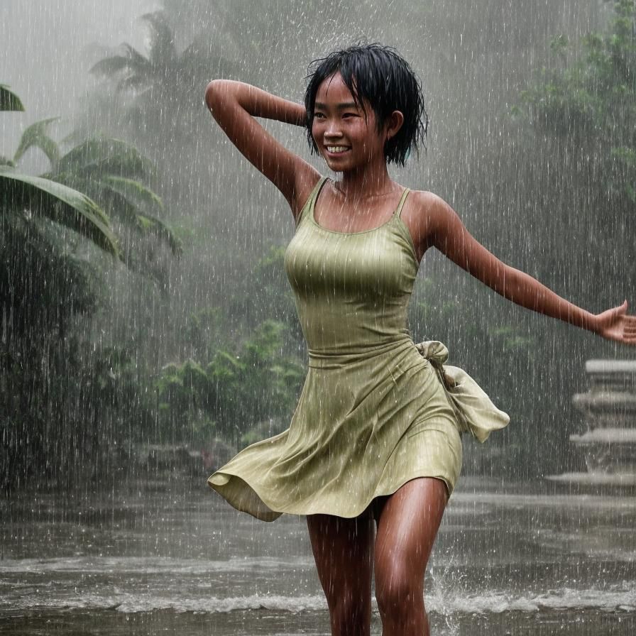 Balinese Girl Dances Happily in Pouring Rain