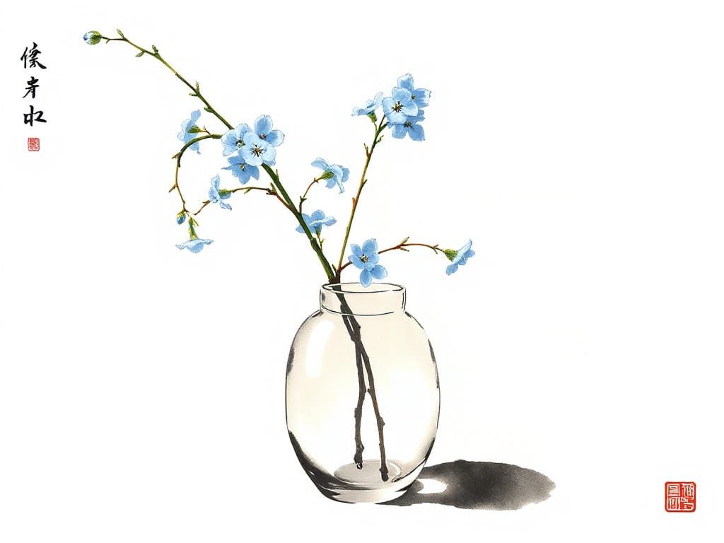 Forget-Me-Not Blooms in Elegant Glass Vase - Chinese Ink Pai...