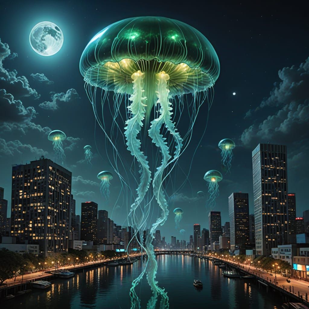 Giant Bioluminescent Jellyfish Over Apocalyptic City