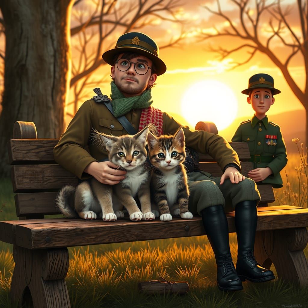 Wolf Puppy and Kitten Share Bench with Soldier and Bavarian ...