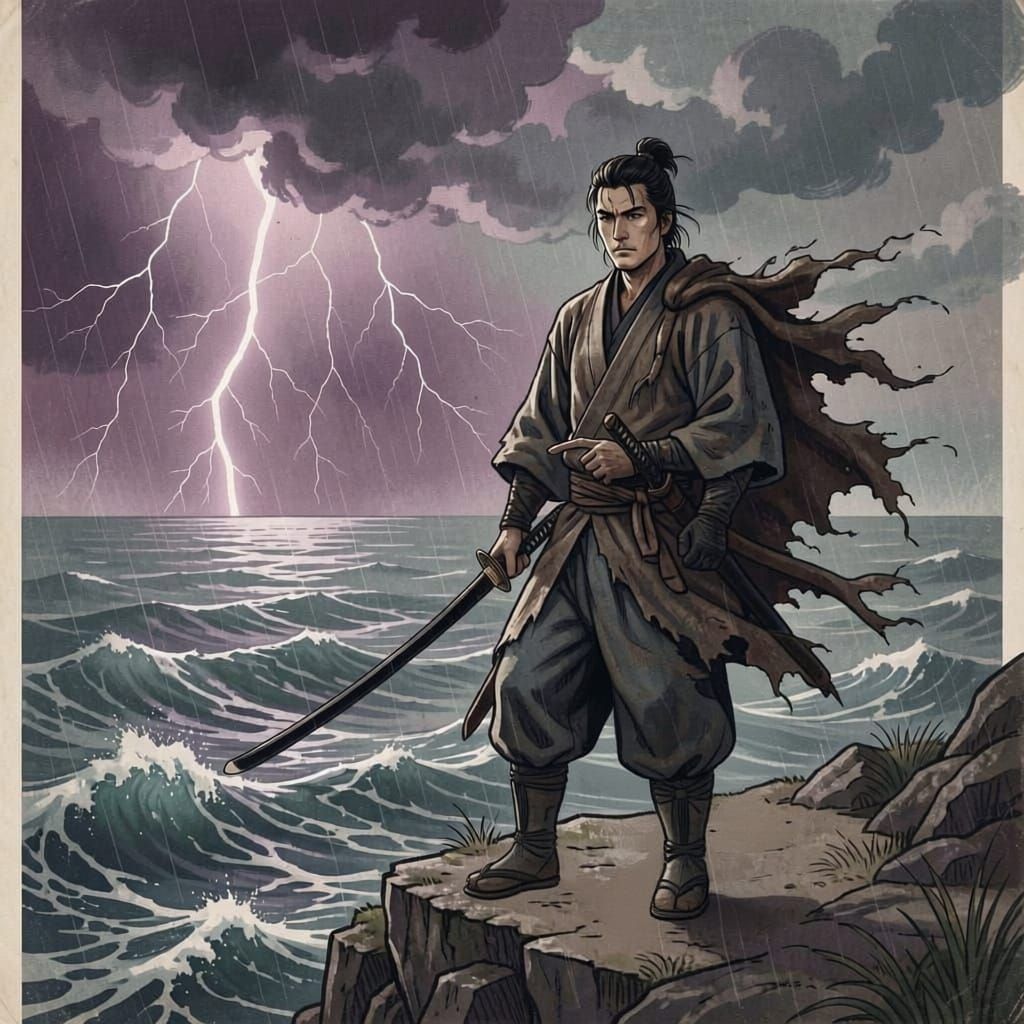 Samurai Warrior on Cliff Overlooking Stormy Sea