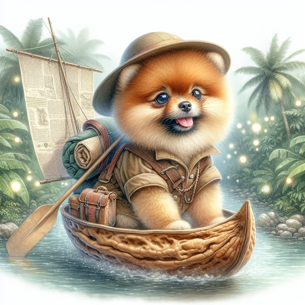 Cute Explorer Pomeranian in Tropical Jungle Watercolor