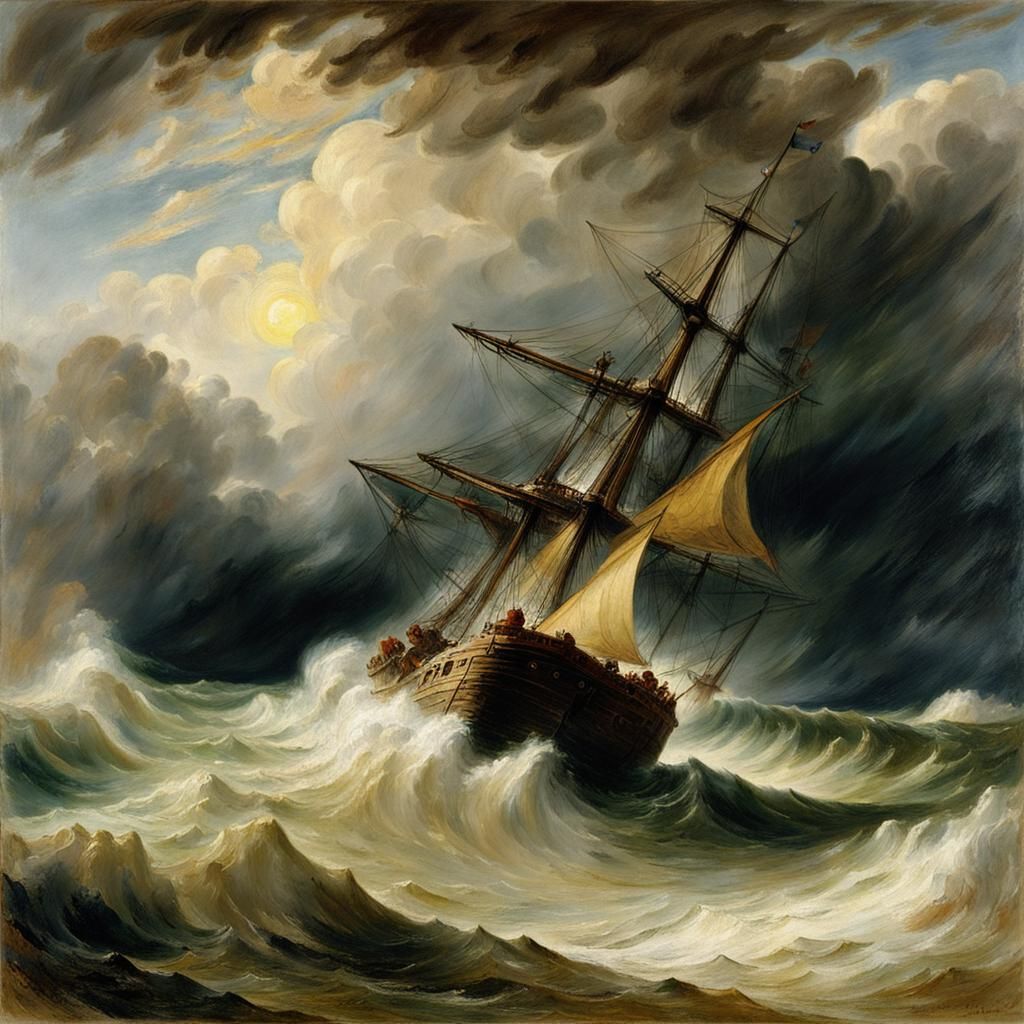 Ship on Stormy Sea in Romantic Style