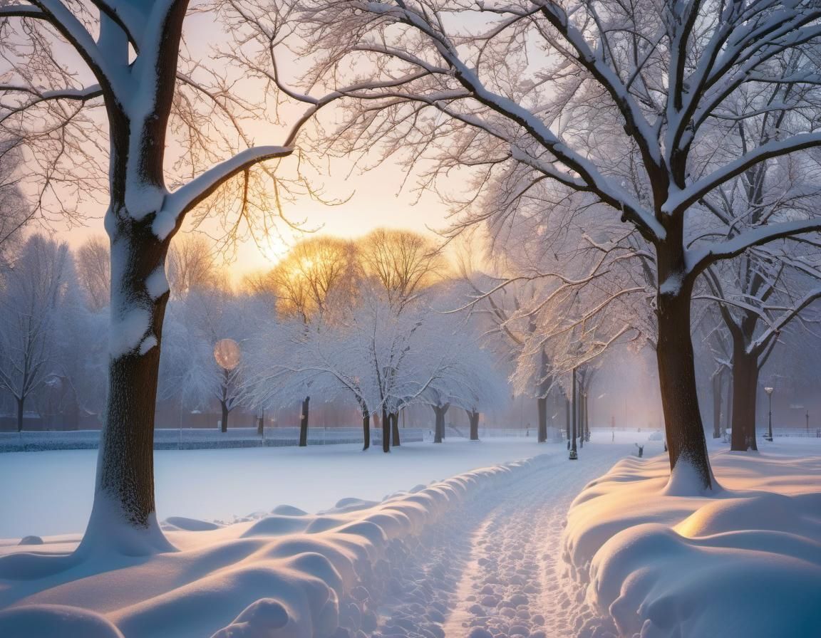 City Park Winter Landscape in Magic Hour
