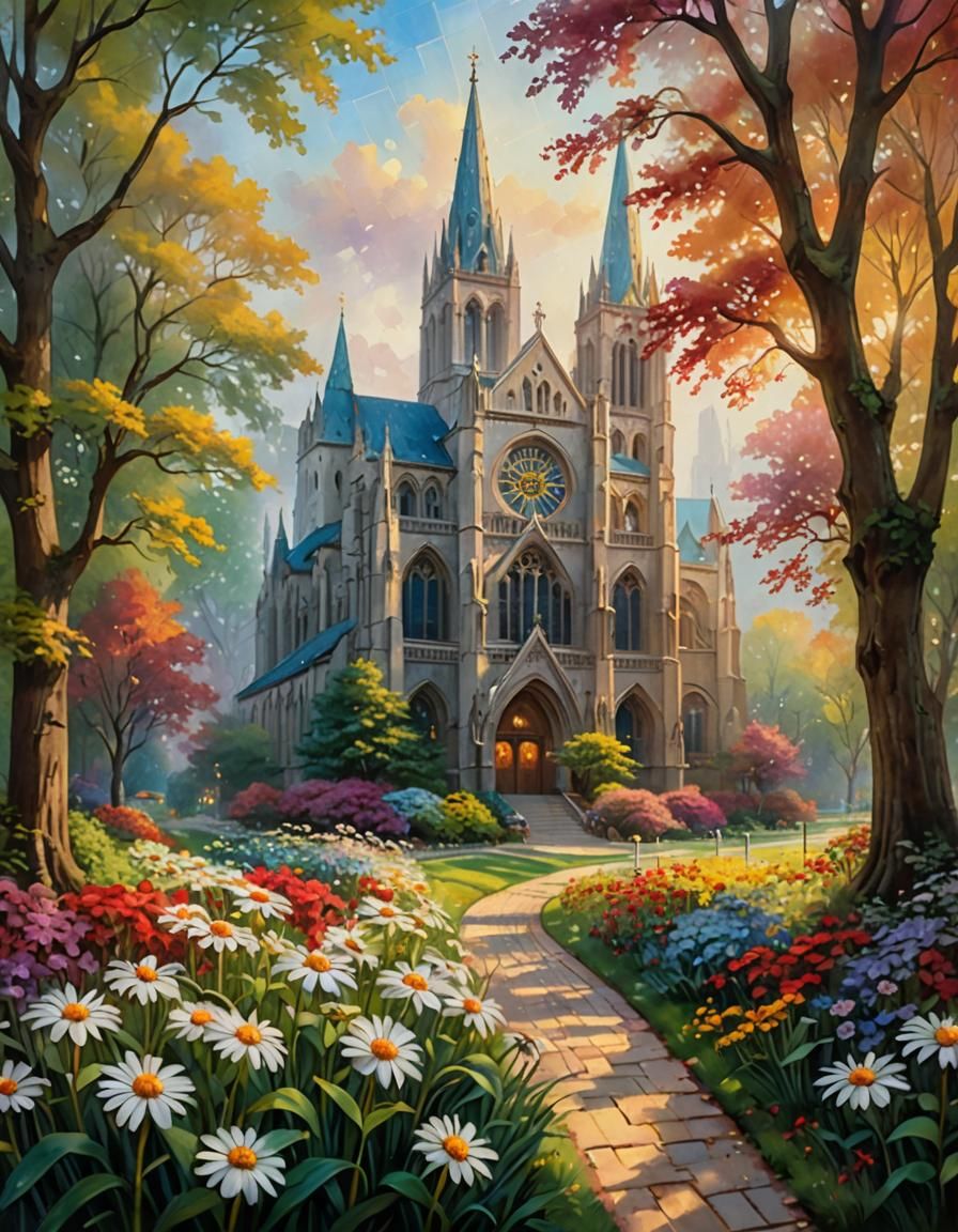 Cathedral with Daisy in Impressionistic Style