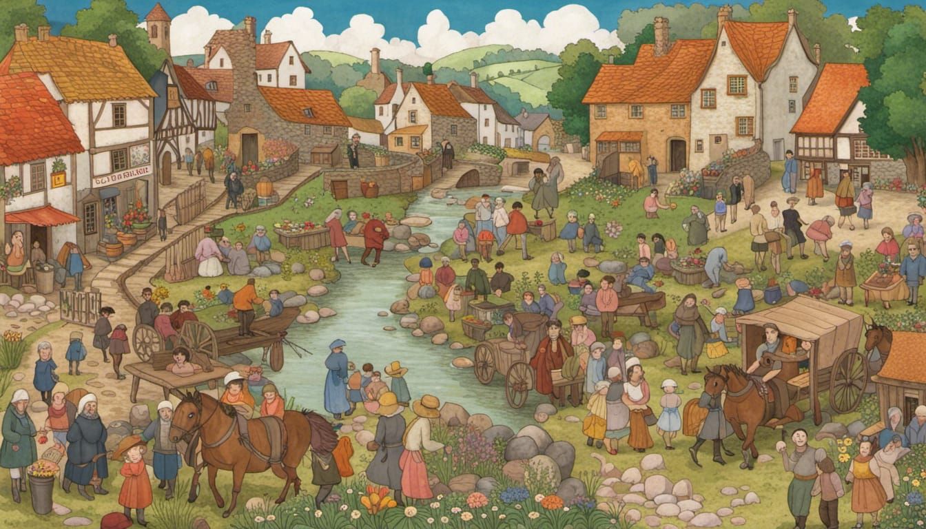 Medieval Village Market Day in Naive Art Style