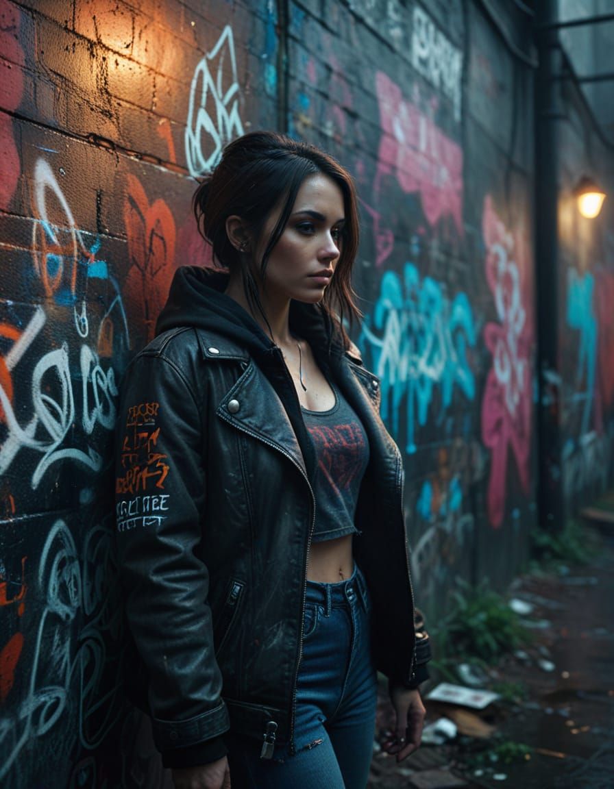 Sensual Woman Standing Before a Graffiti-Covered Wall in a C...